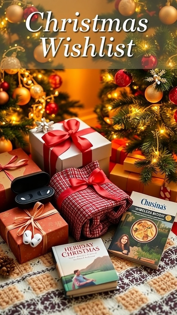 A festive Christmas wishlist with gifts and decorations, including earbuds, a blanket, and a cookbook.